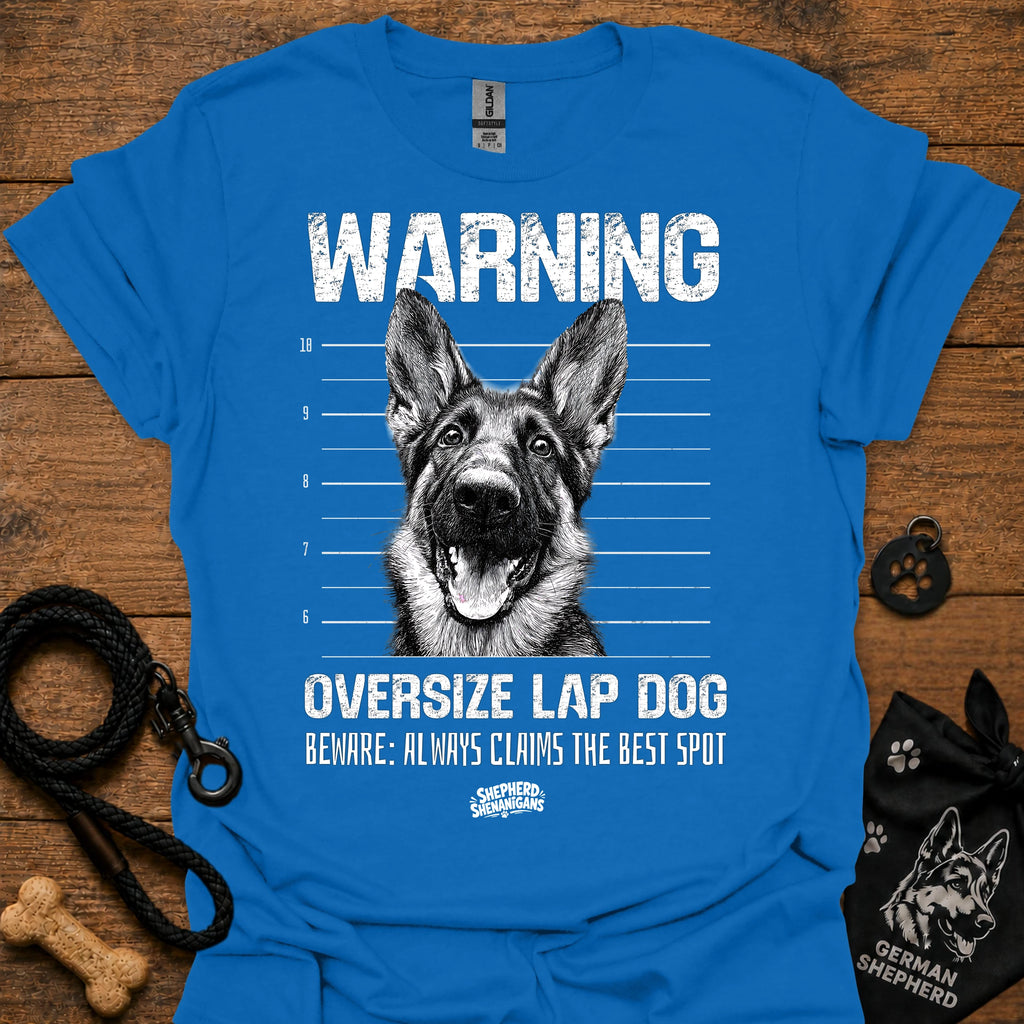 Blue warning graphic T-shirt with German shepherd face and bold text