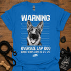 Blue warning graphic T-shirt with German shepherd face and bold text