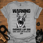 Heather gray warning graphic T-shirt with German shepherd face and bold text