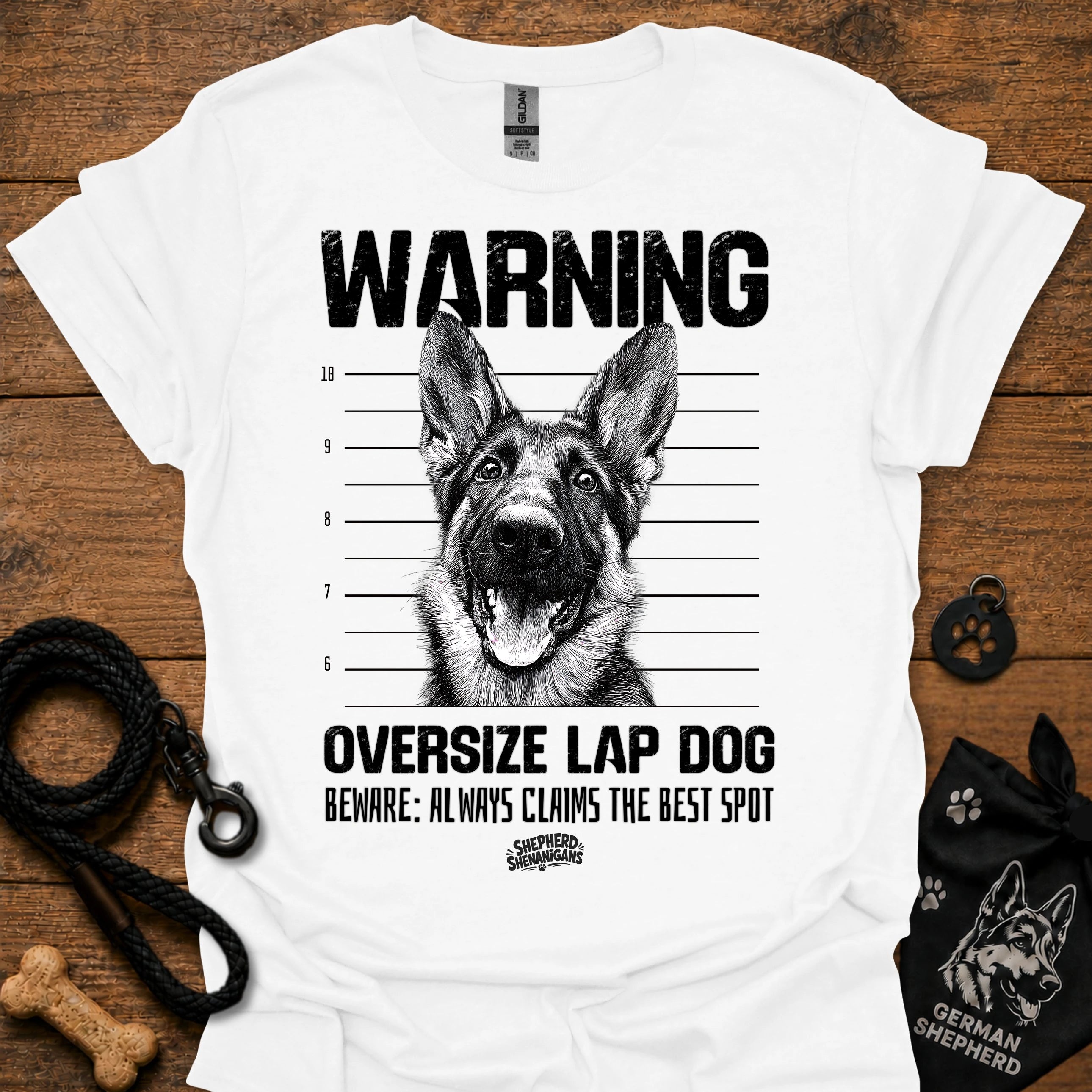 White warning graphic T-shirt with German shepherd face and bold text