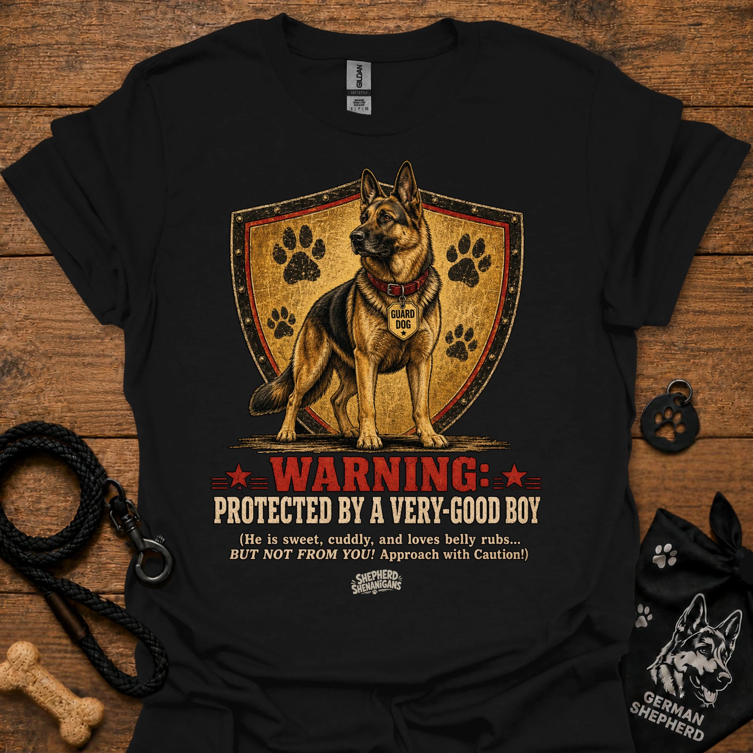 Black crewneck T-shirt with German shepherd shield warning graphic