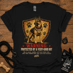 Black T-shirt with German shepherd dog graphic and shield "Warning" print