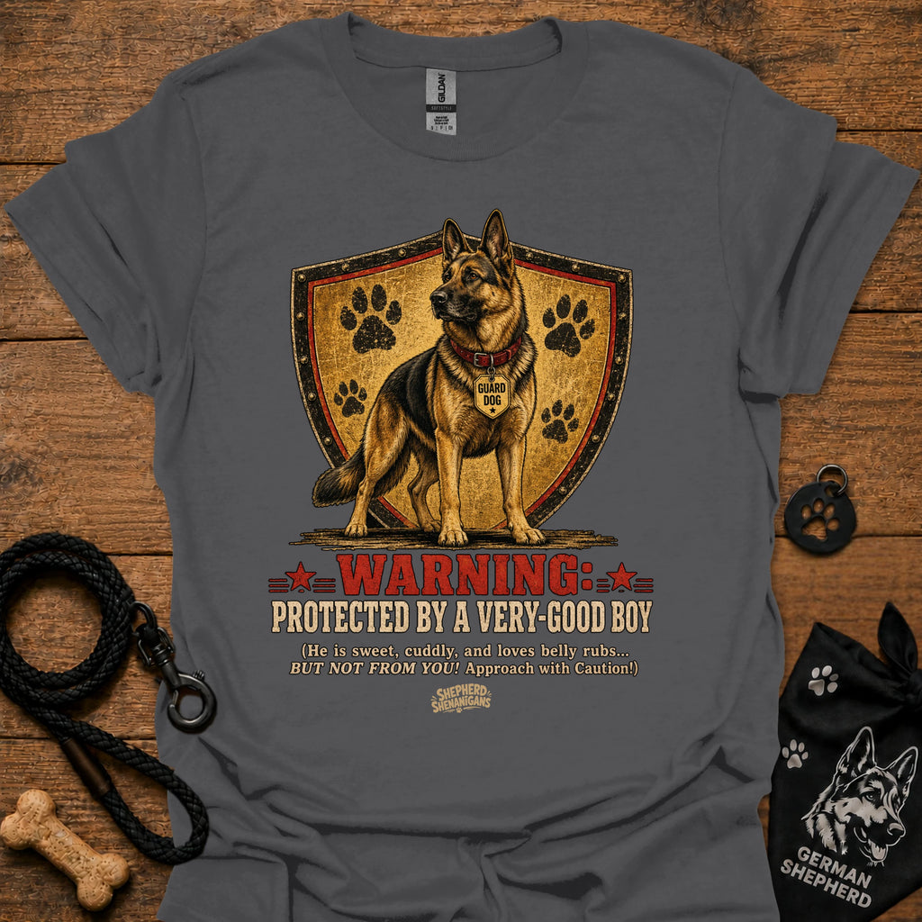 Charcoal gray dog graphic T-shirt with shield, paw prints, and “Warning” text