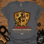 Charcoal T-shirt with German shepherd dog graphic and shield "Warning" print