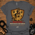 Charcoal crewneck T-shirt with German shepherd shield warning graphic