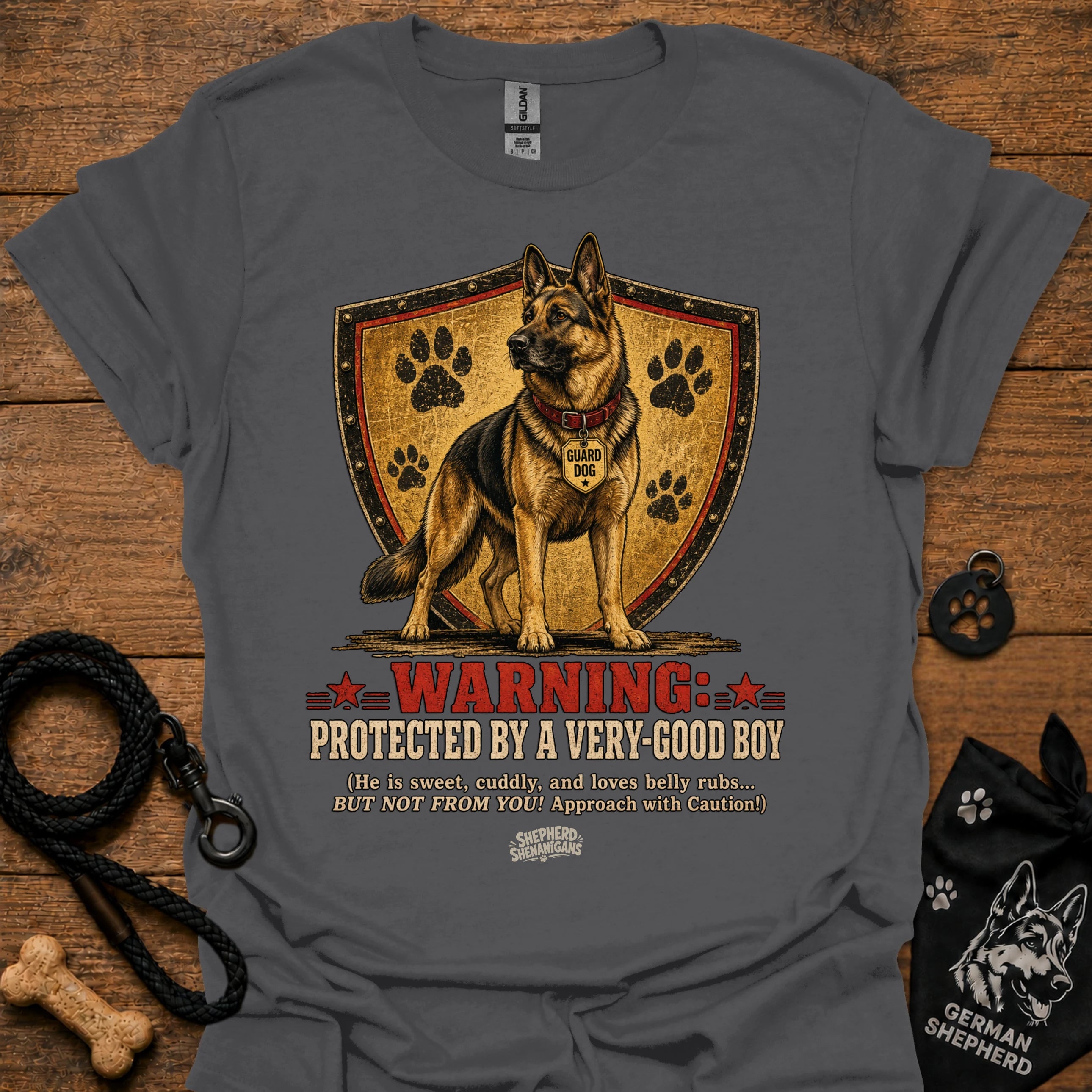 Charcoal crewneck T-shirt with German shepherd shield warning graphic