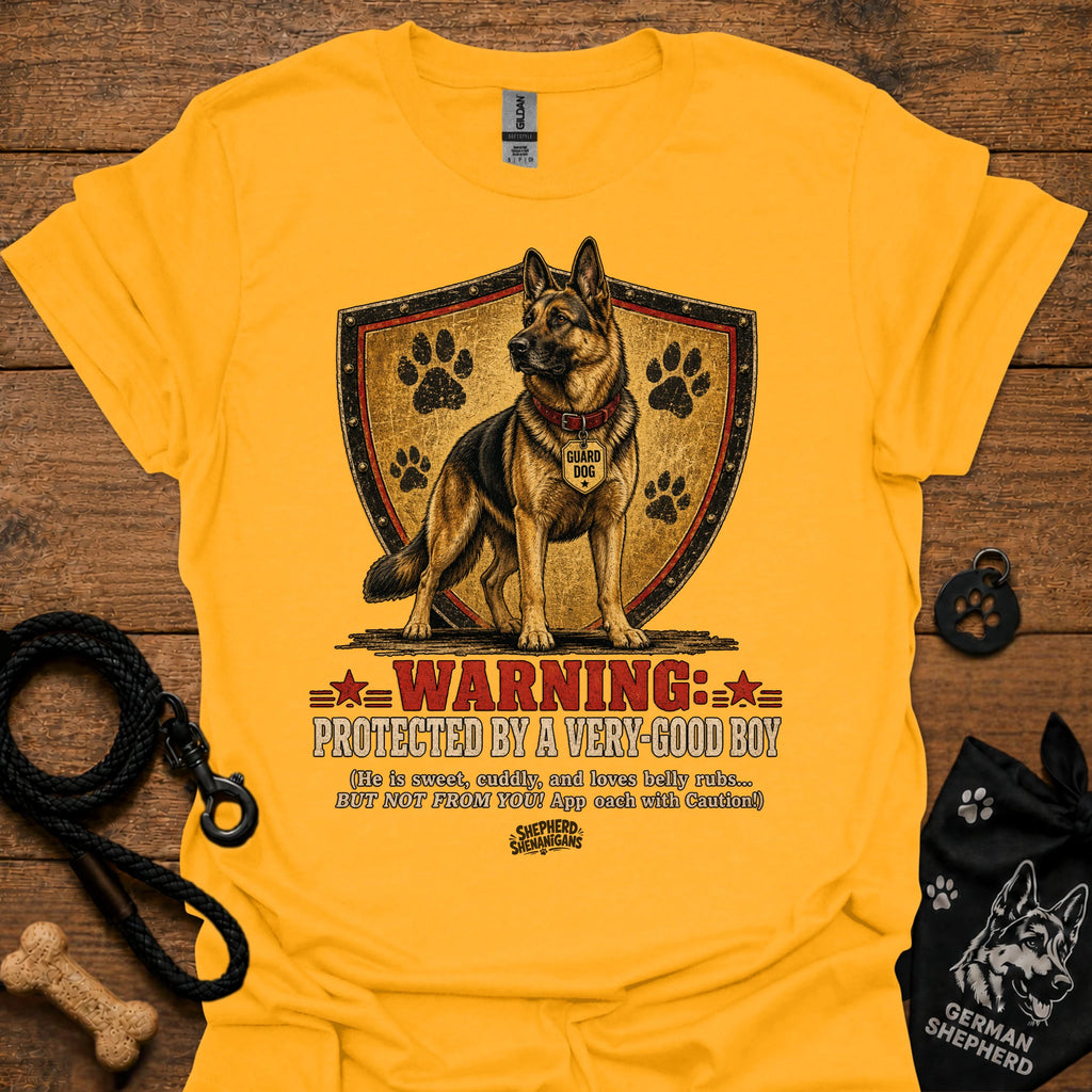 Gold T-shirt with German shepherd dog graphic and shield "Warning" print