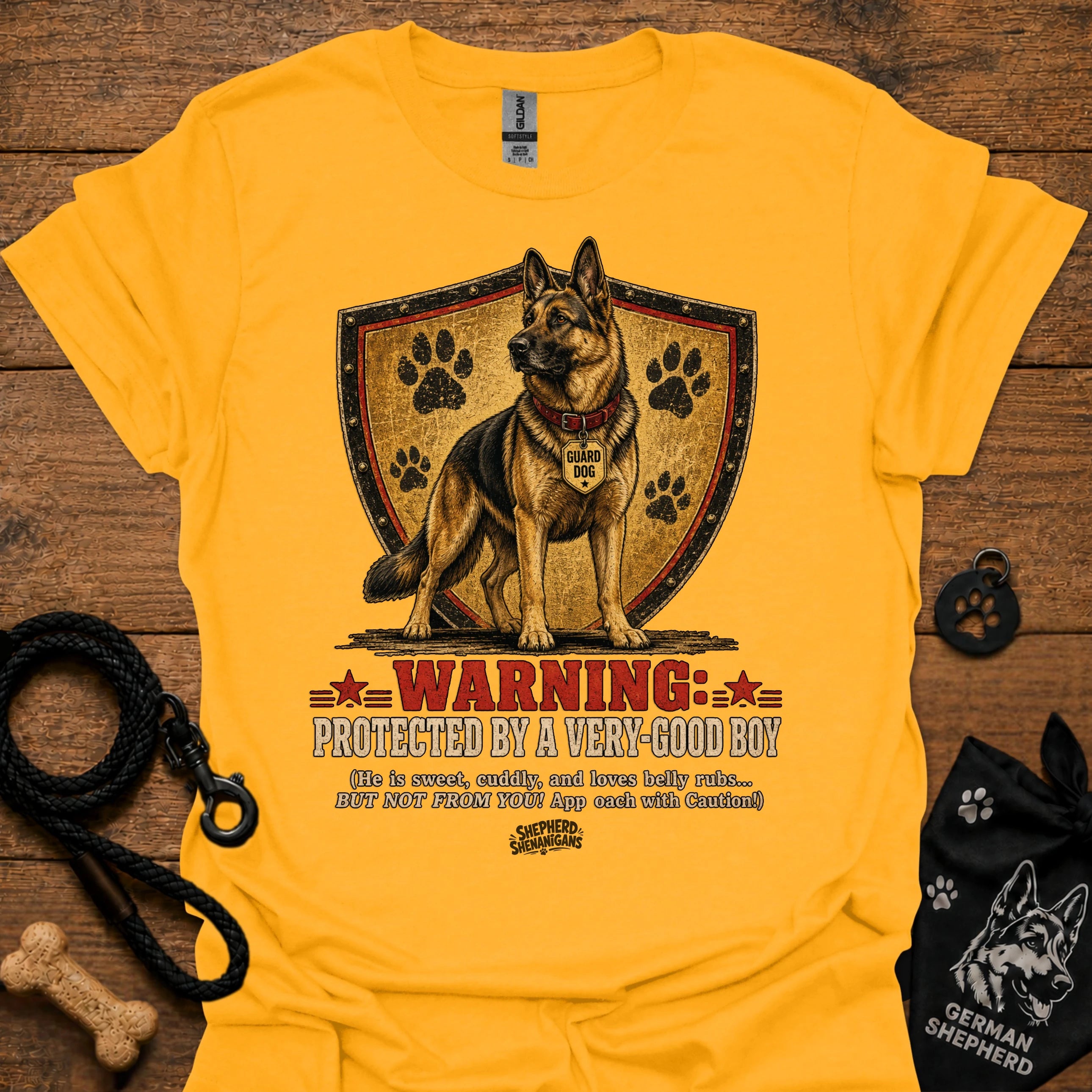 Gold T-shirt with German shepherd dog graphic and shield "Warning" print