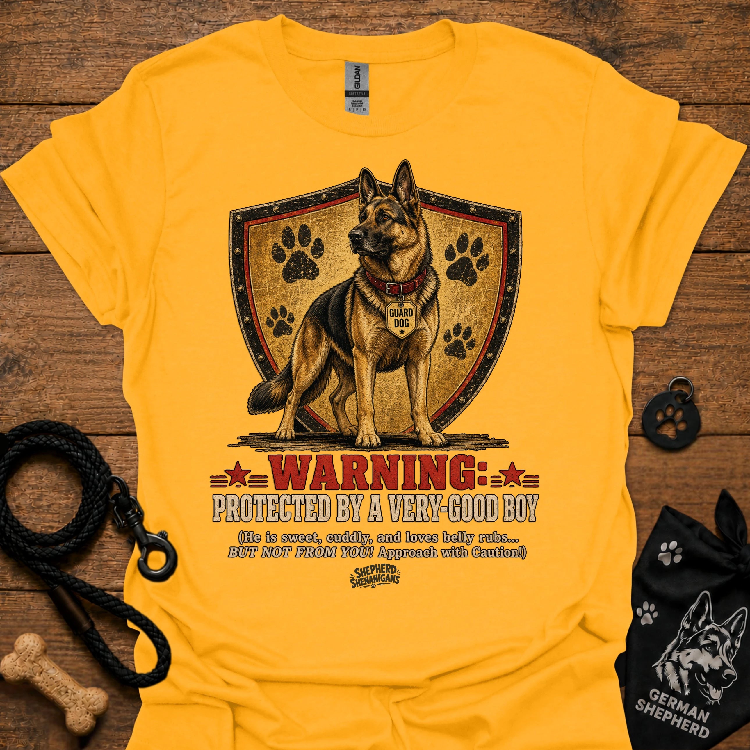 Gold crewneck T-shirt with German shepherd shield warning graphic
