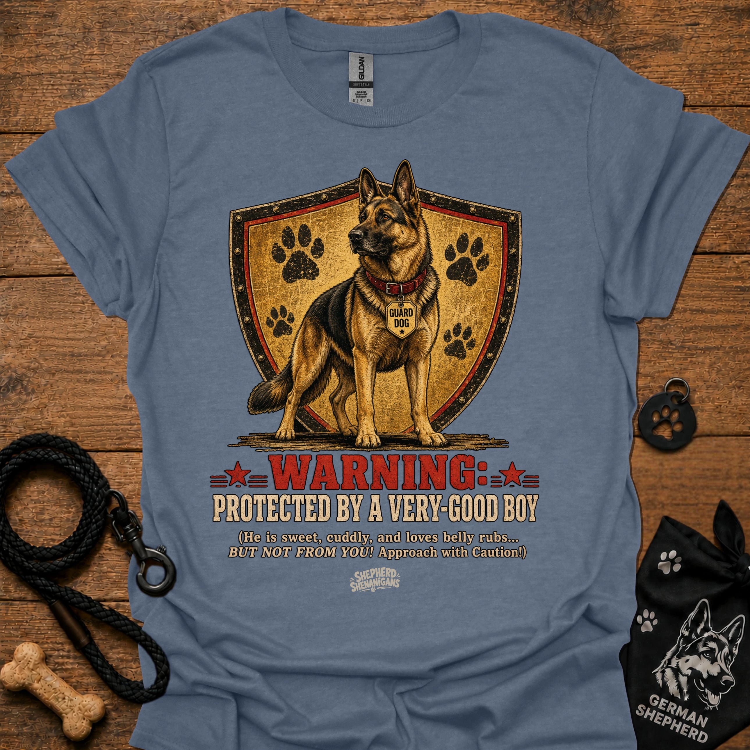 Heather indigo crewneck T-shirt with German shepherd shield warning graphic