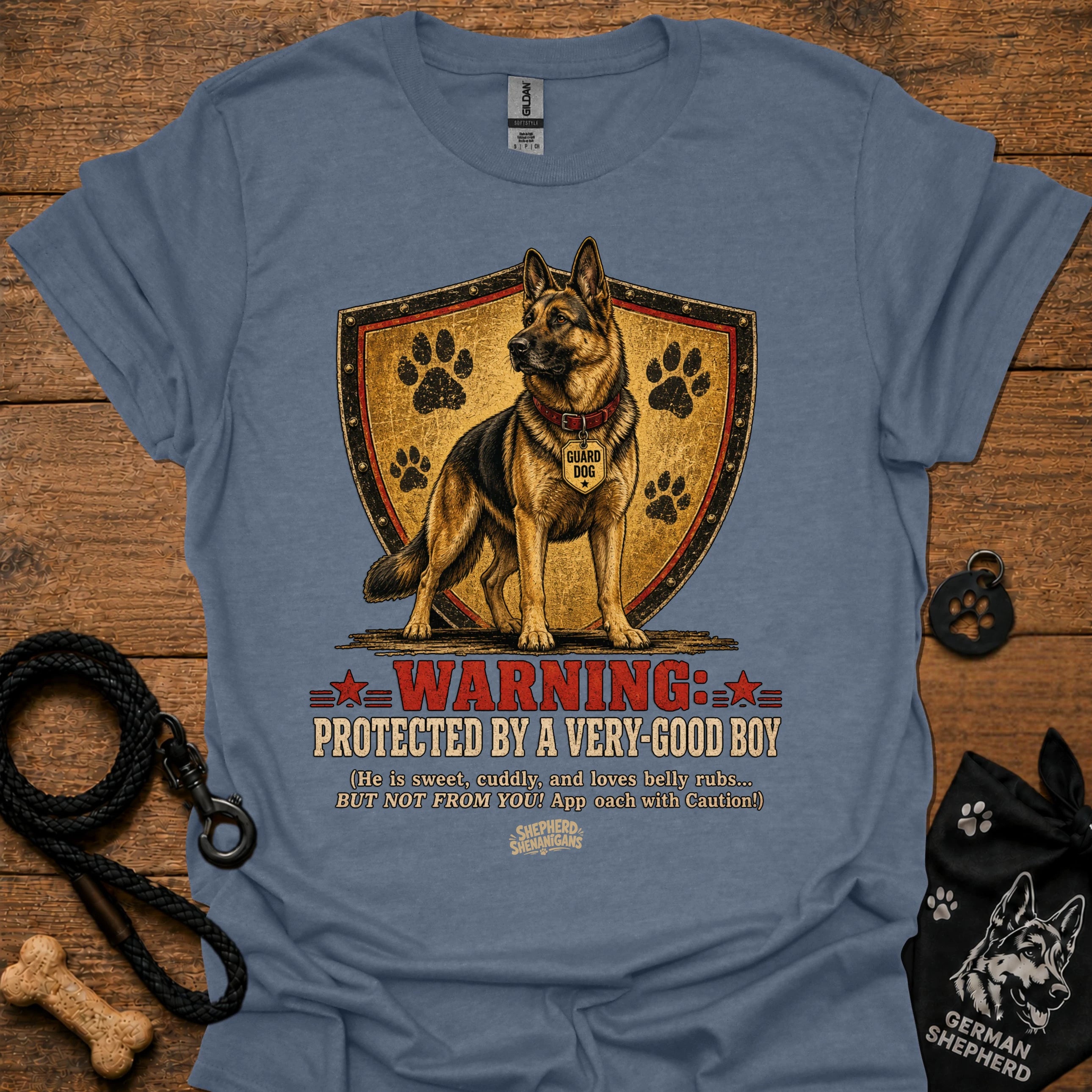 Heather indigo T-shirt with German shepherd dog graphic and shield "Warning" print
