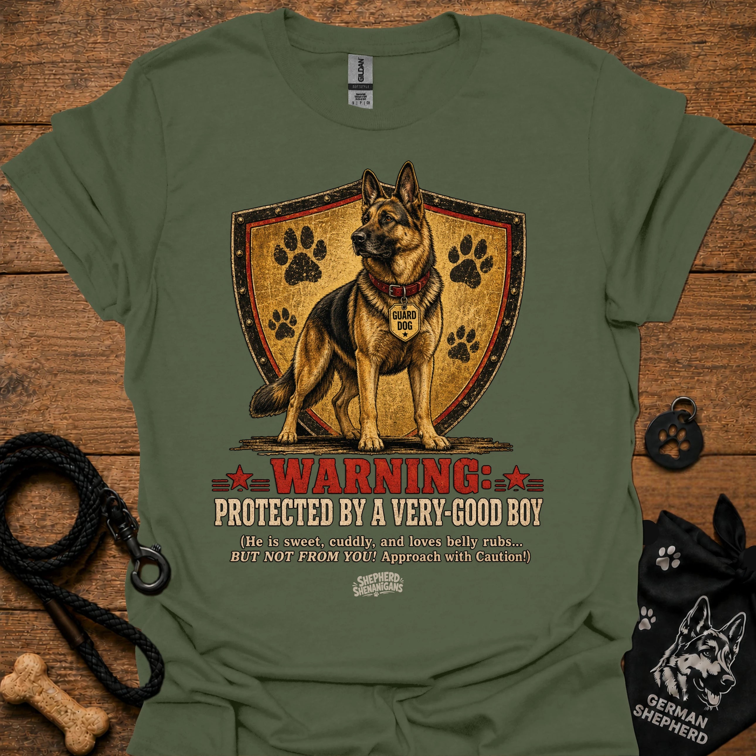 Military green crewneck T-shirt with German shepherd shield warning graphic