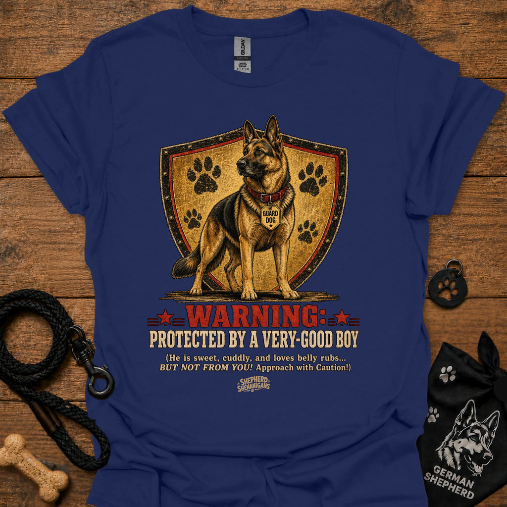 Navy dog graphic T-shirt with shield, paw prints, and “Warning” text