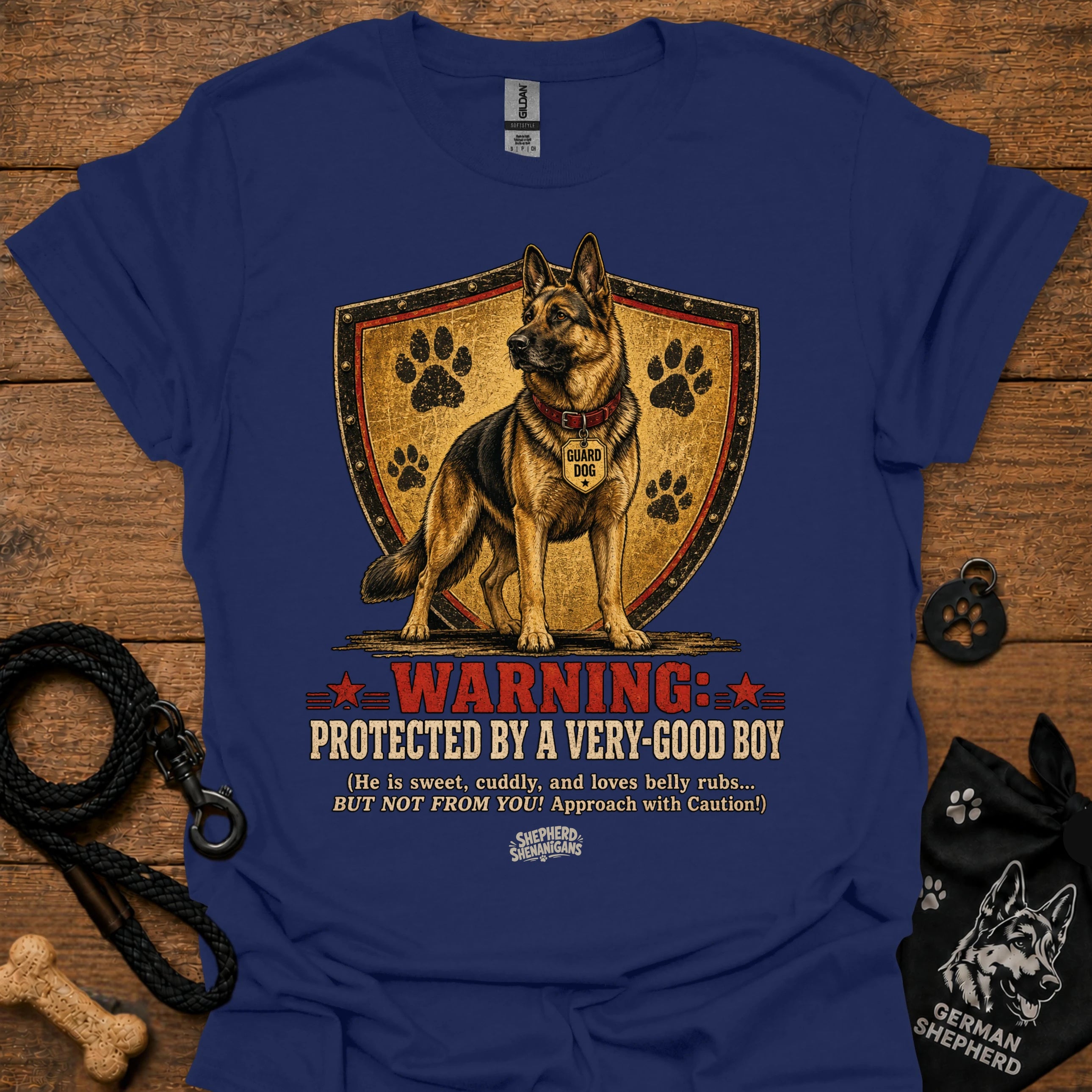 Navy crewneck T-shirt with German shepherd shield warning graphic