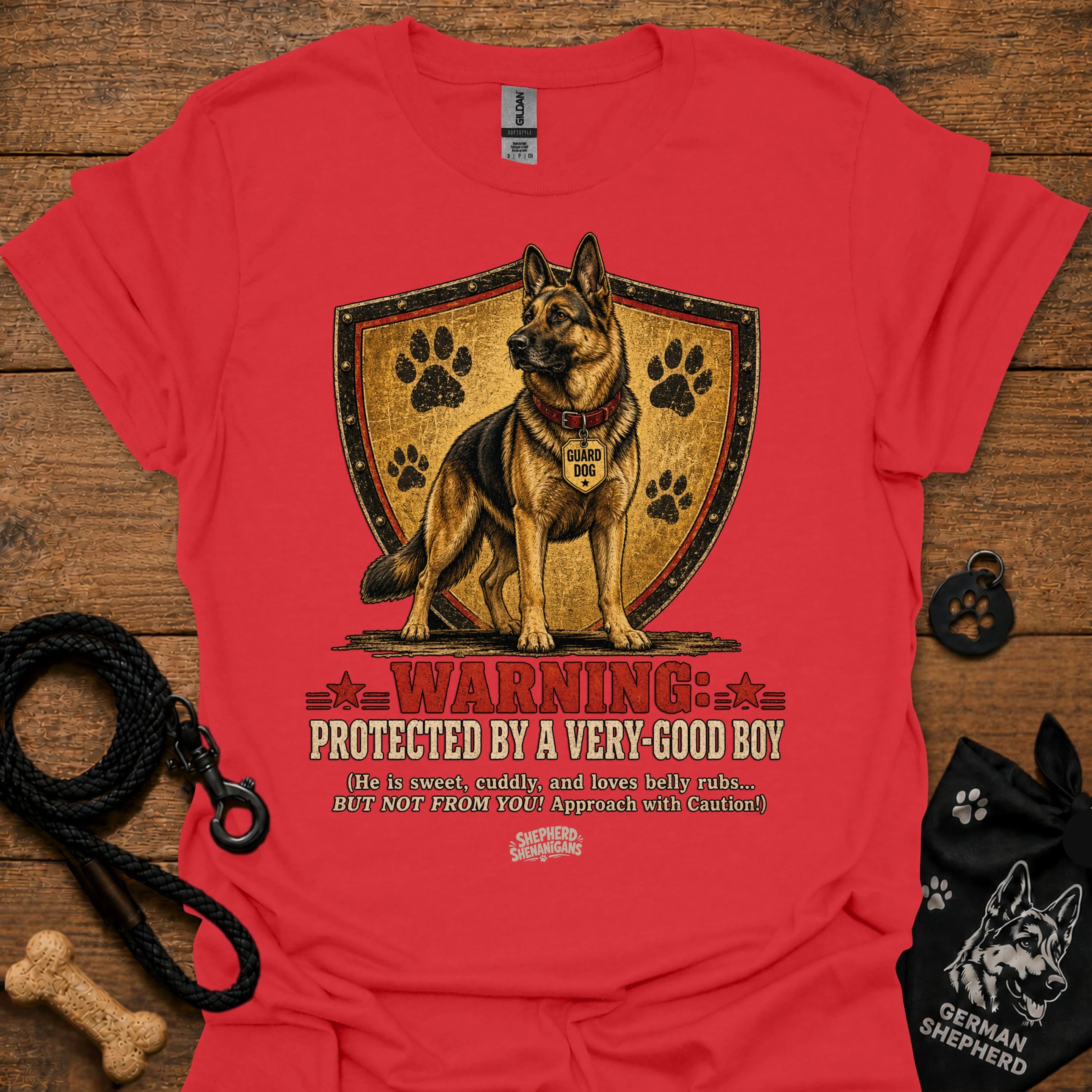 Red crewneck T-shirt with German shepherd shield warning graphic
