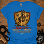 Royal blue T-shirt with German shepherd dog graphic and shield "Warning" print