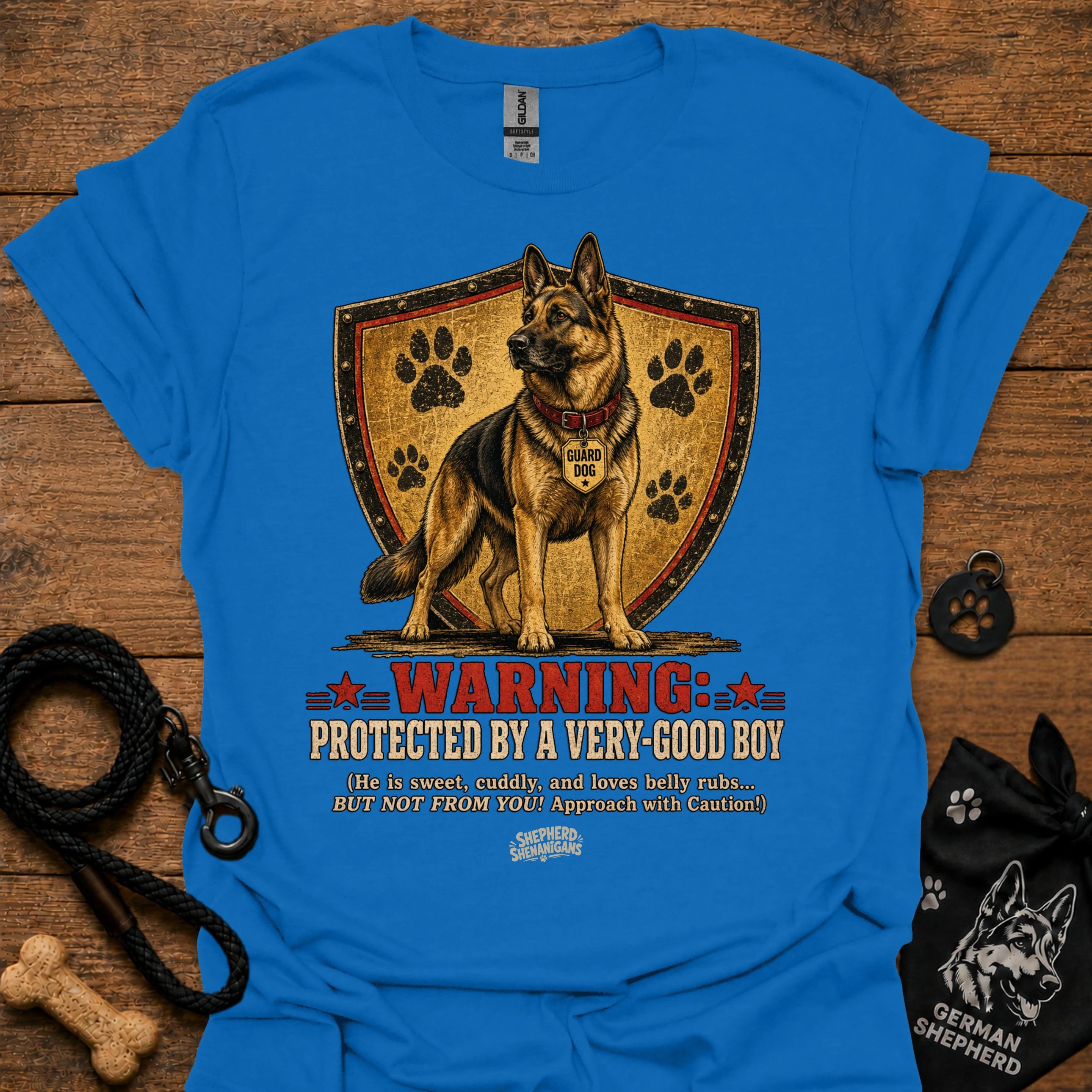 Royal blue crewneck T-shirt with German shepherd shield warning graphic