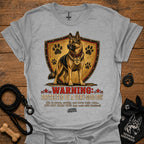 Heather gray dog graphic T-shirt with shield, paw prints, and “Warning” text