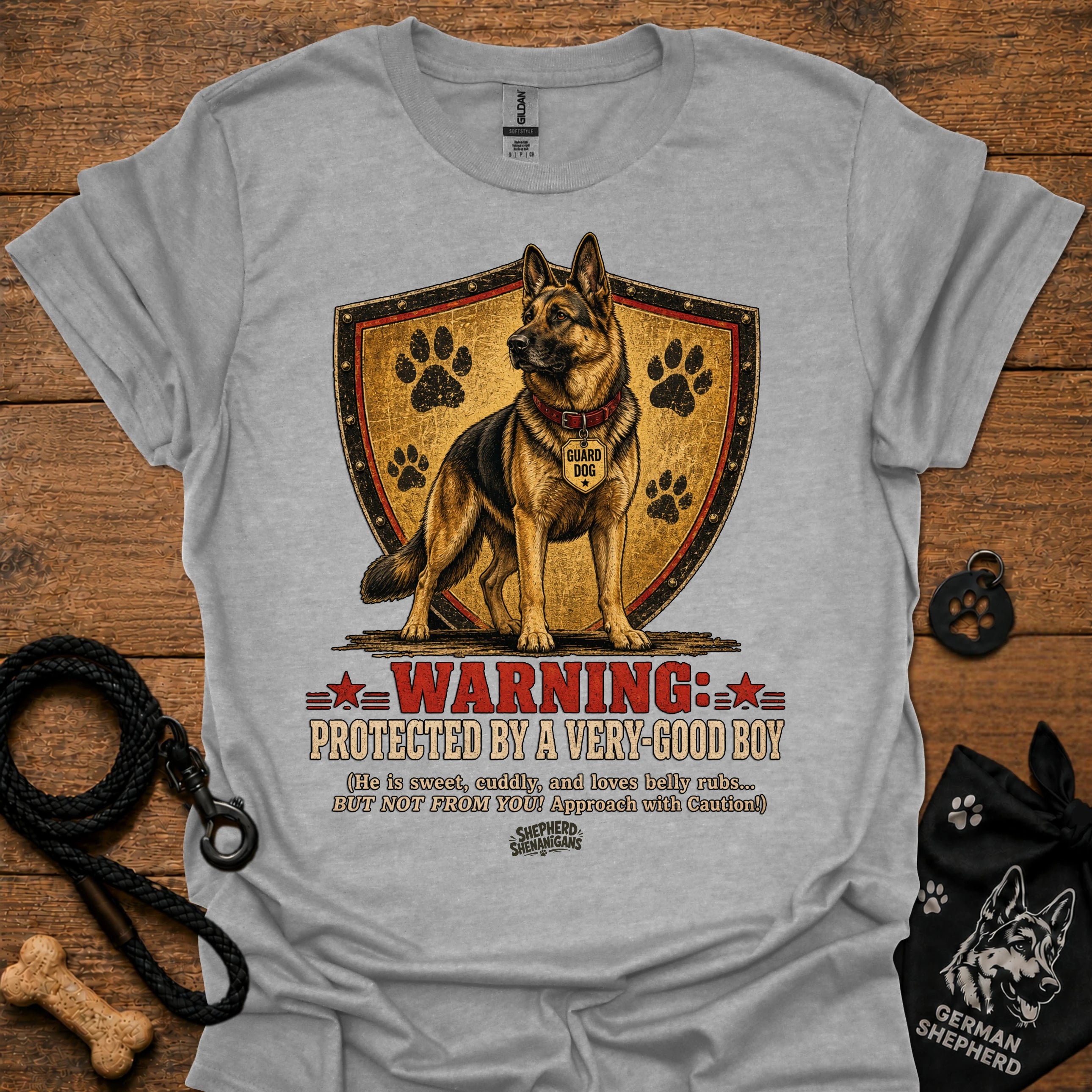 Sport gray crewneck T-shirt with German shepherd shield warning graphic