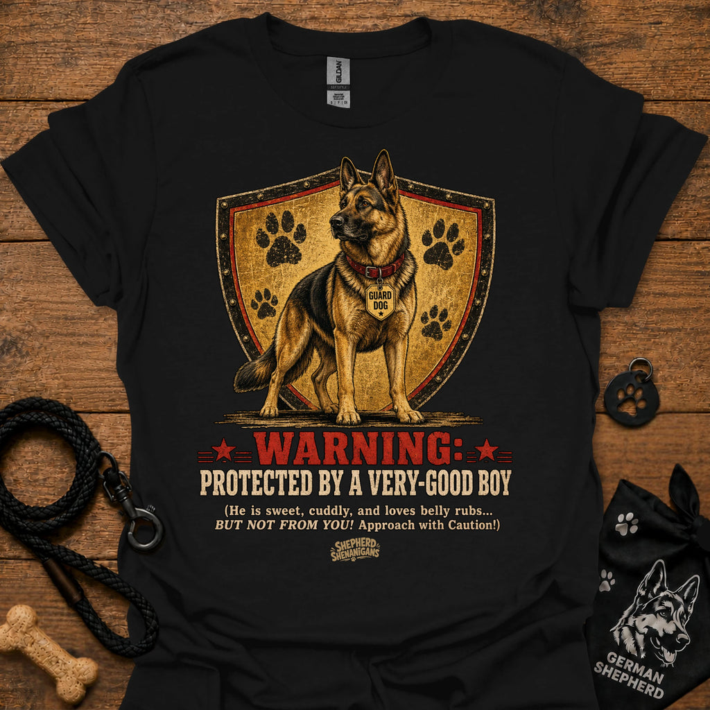 Warning protected T-shirt in black with German shepherd shield graphic and warning text