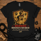 Warning protected T-shirt in black with German shepherd shield graphic and warning text