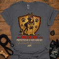 Warning protected T-shirt in charcoal with German shepherd shield graphic and warning text
