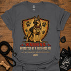 Warning protected T-shirt in charcoal with German shepherd shield graphic and warning text