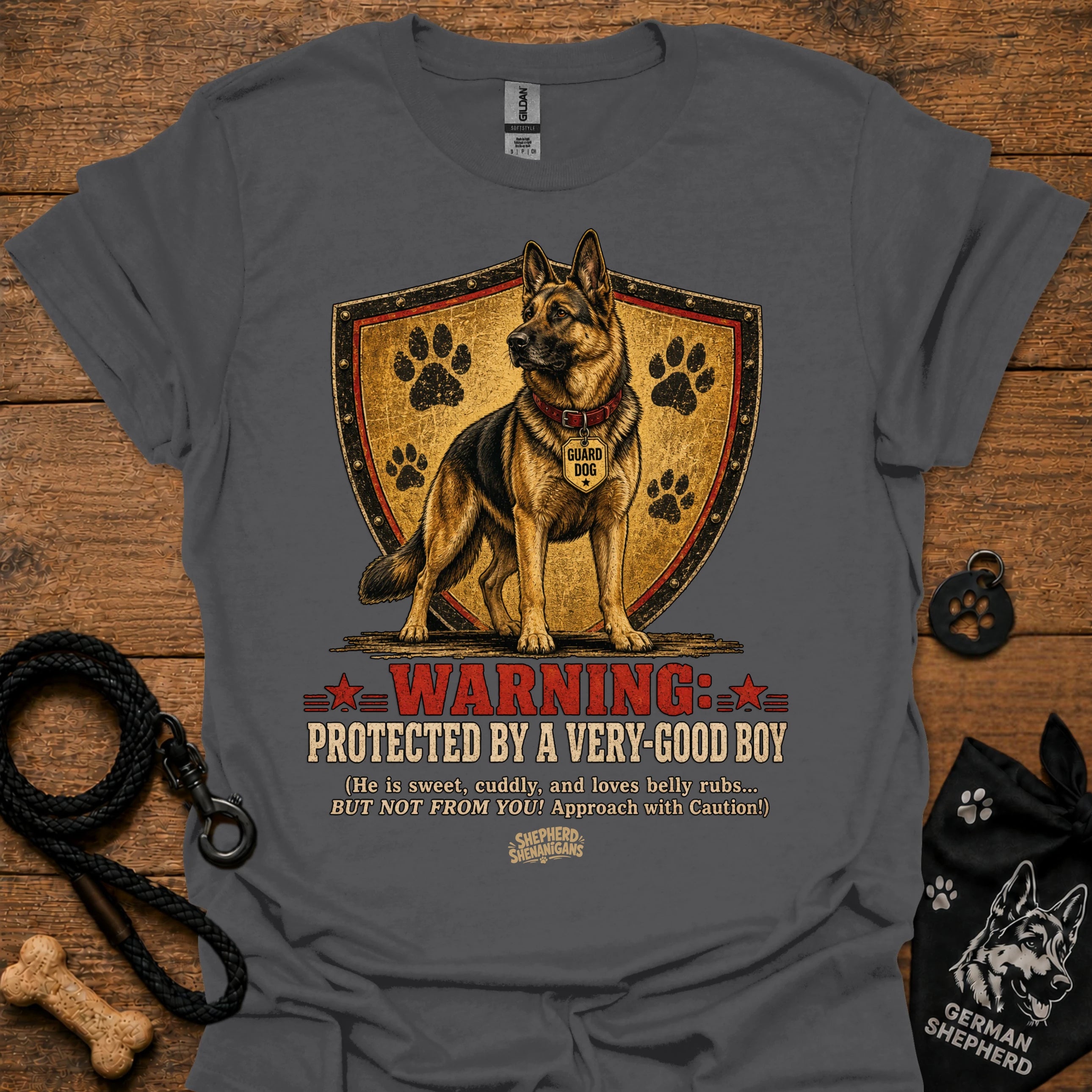 Warning protected T-shirt in charcoal with German shepherd shield graphic and warning text