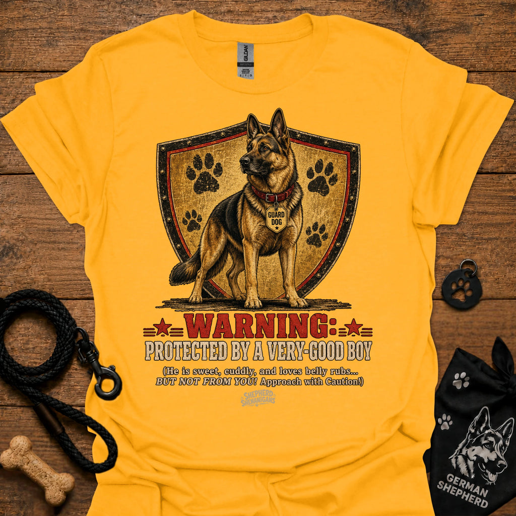 Warning protected T-shirt in yellow with German shepherd shield graphic and warning text
