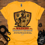 Warning protected T-shirt in yellow with German shepherd shield graphic and warning text