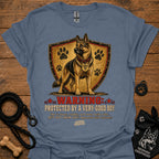 Warning protected T-shirt in slate blue with German shepherd shield graphic and warning text