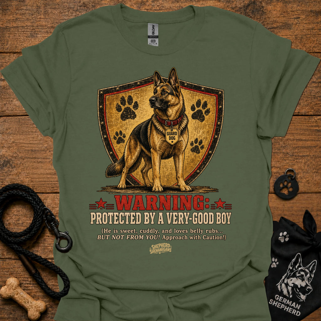 Warning protected T-shirt in olive green with German shepherd shield graphic and warning text