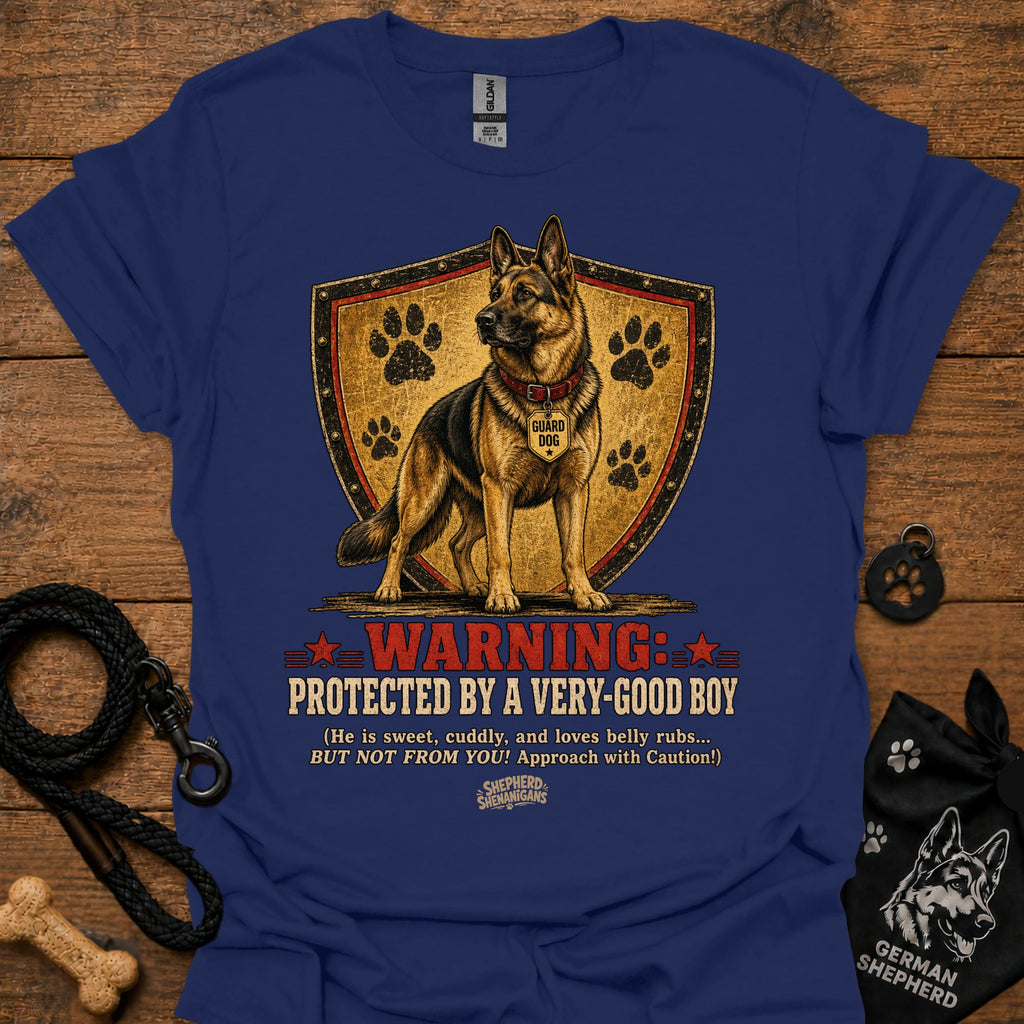 Warning protected T-shirt in navy with German shepherd shield graphic and warning text