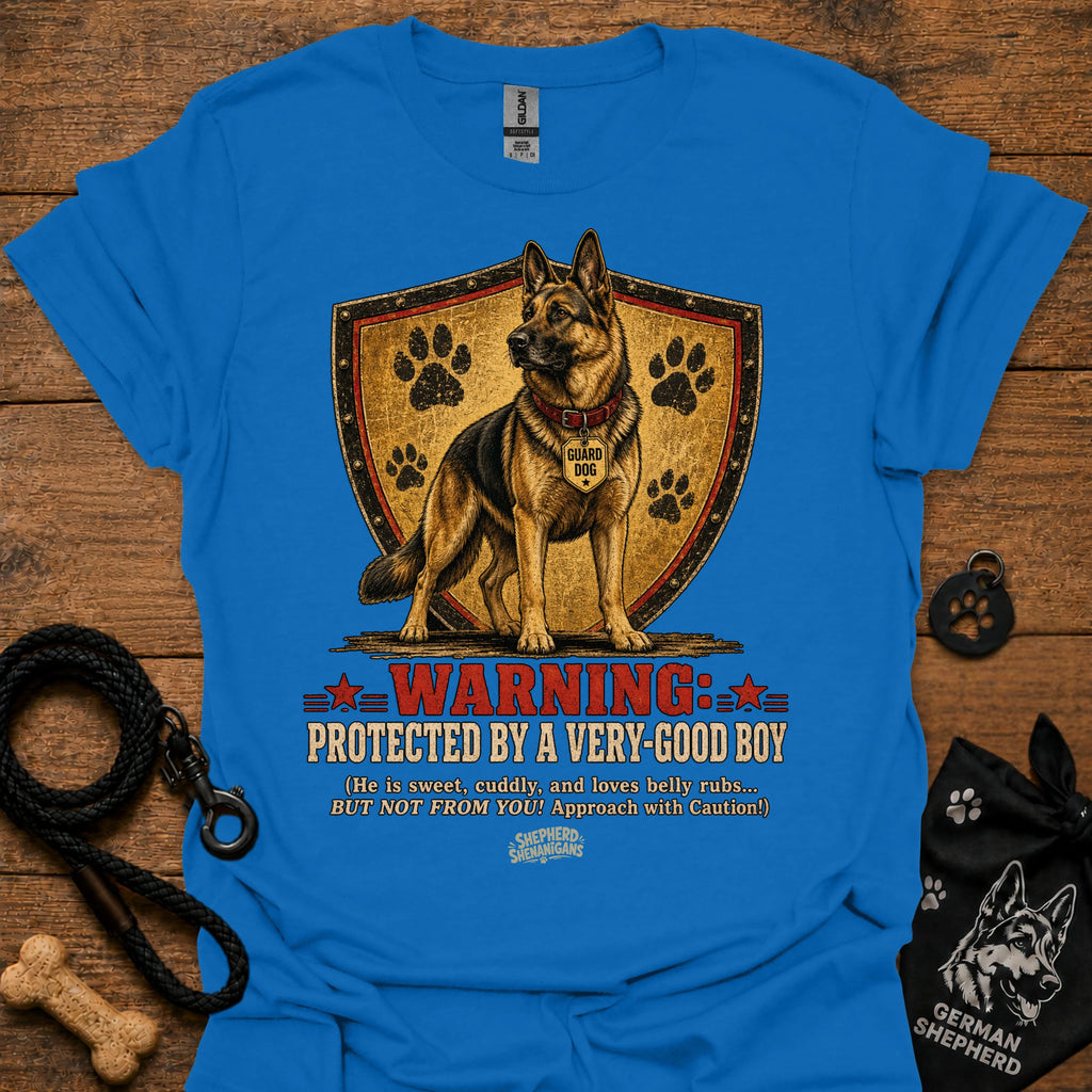 Warning protected T-shirt in blue with German shepherd shield graphic and warning text