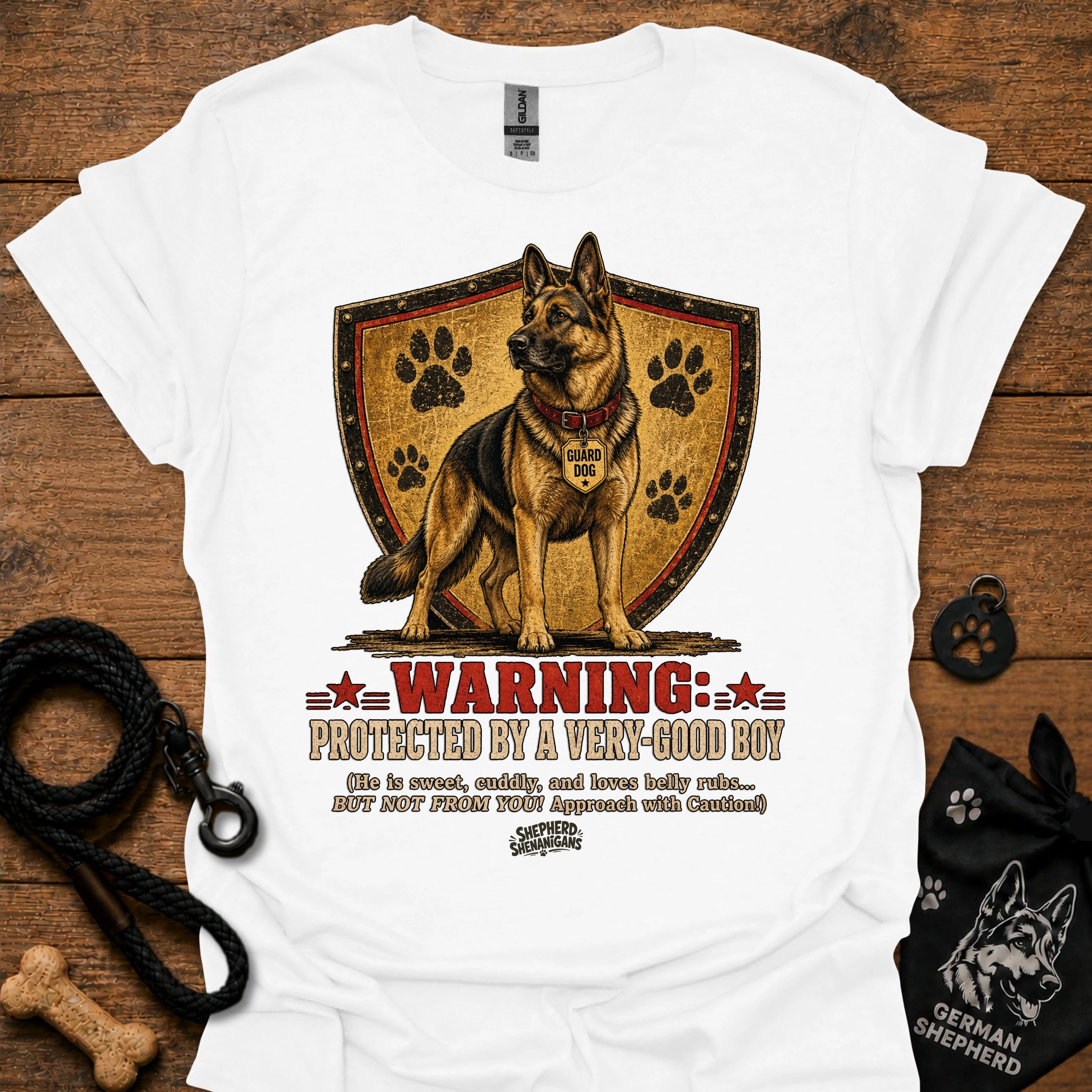 White crewneck T-shirt with German shepherd shield warning graphic