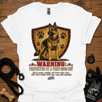 White T-shirt with German shepherd dog graphic and shield "Warning" print