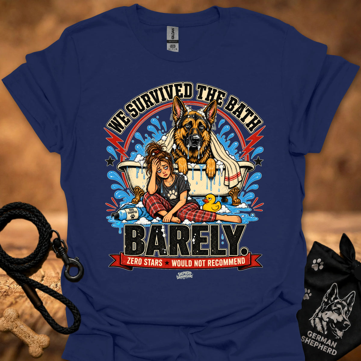 Navy T-shirt with large dog-and-girl cartoon graphic, crew neck.