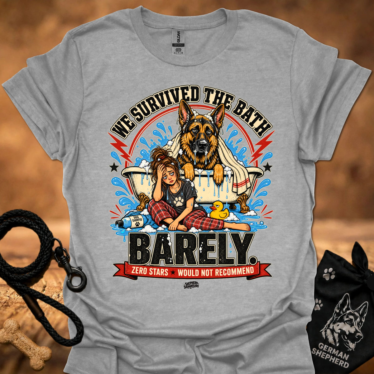 Heather gray T-shirt with large dog-and-girl cartoon graphic, crew neck.