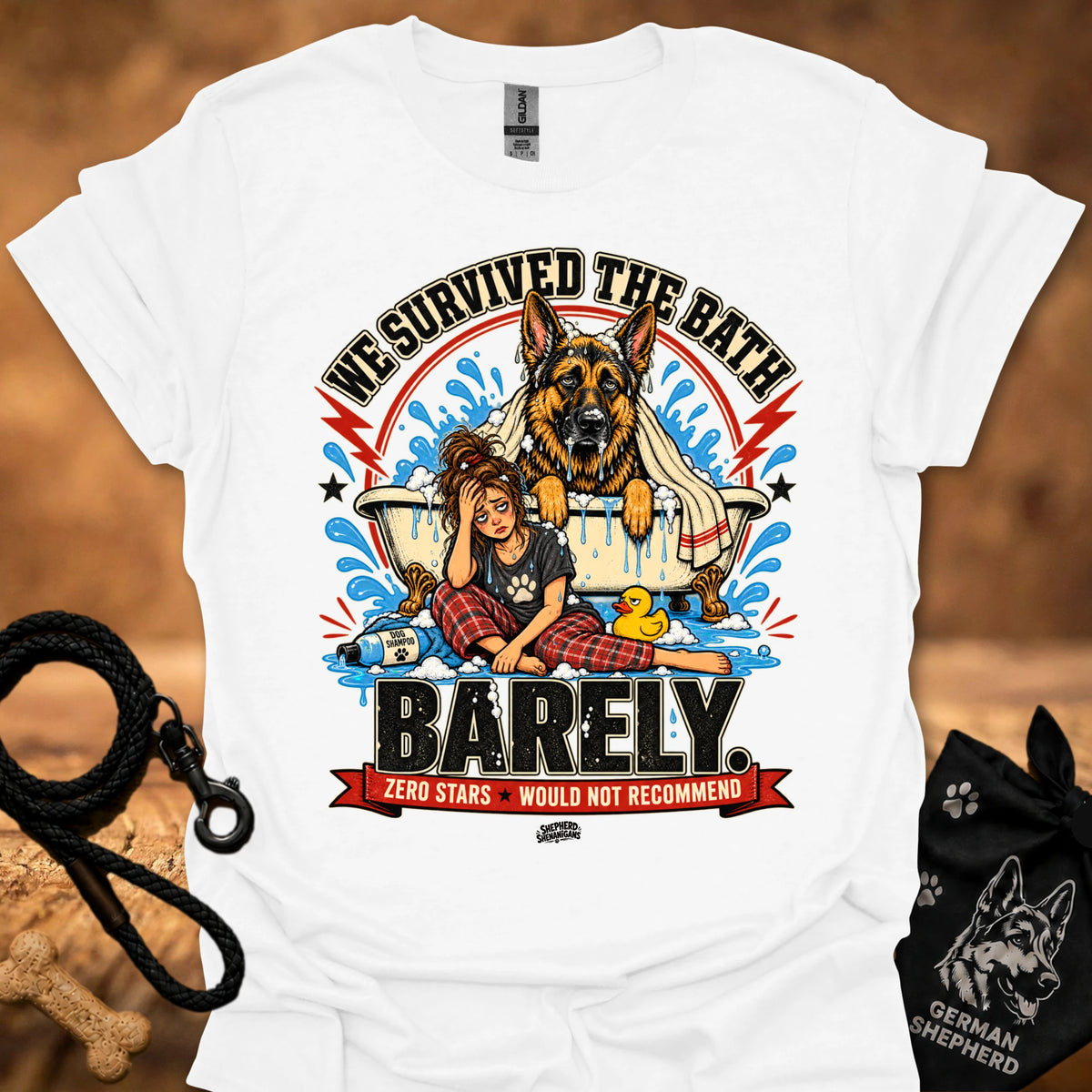 White T-shirt with large dog-and-girl cartoon graphic, crew neck.