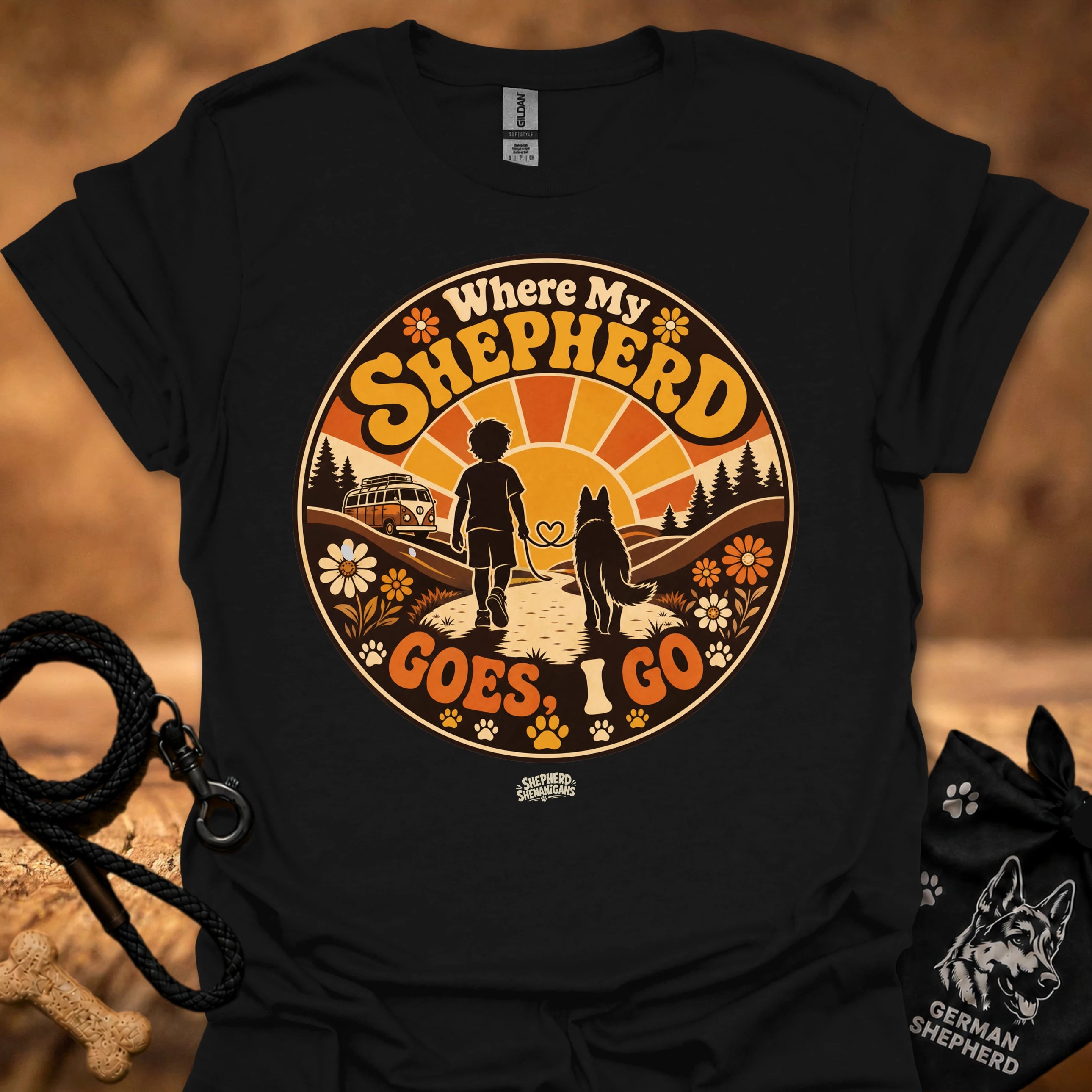 Black graphic T-shirt with circular “Where My Shepherd Goes ! Go” print, crew neck