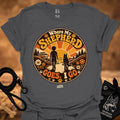 Charcoal graphic T-shirt with circular “Where My Shepherd Goes ! Go” print, crew neck