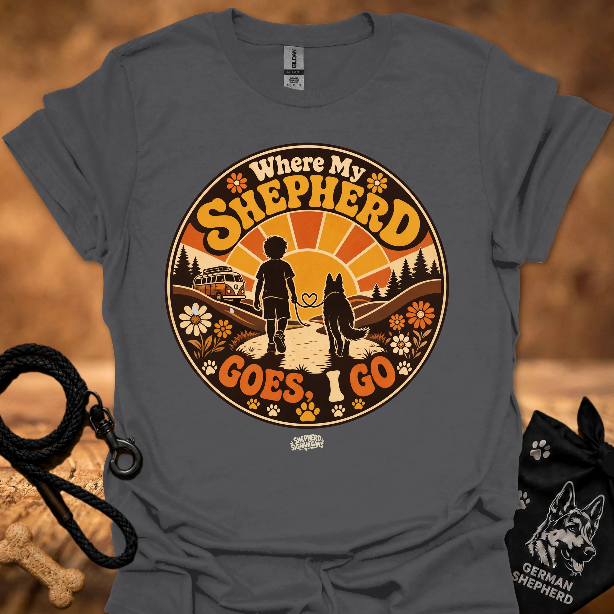 Charcoal graphic T-shirt with circular “Where My Shepherd Goes ! Go” print, crew neck