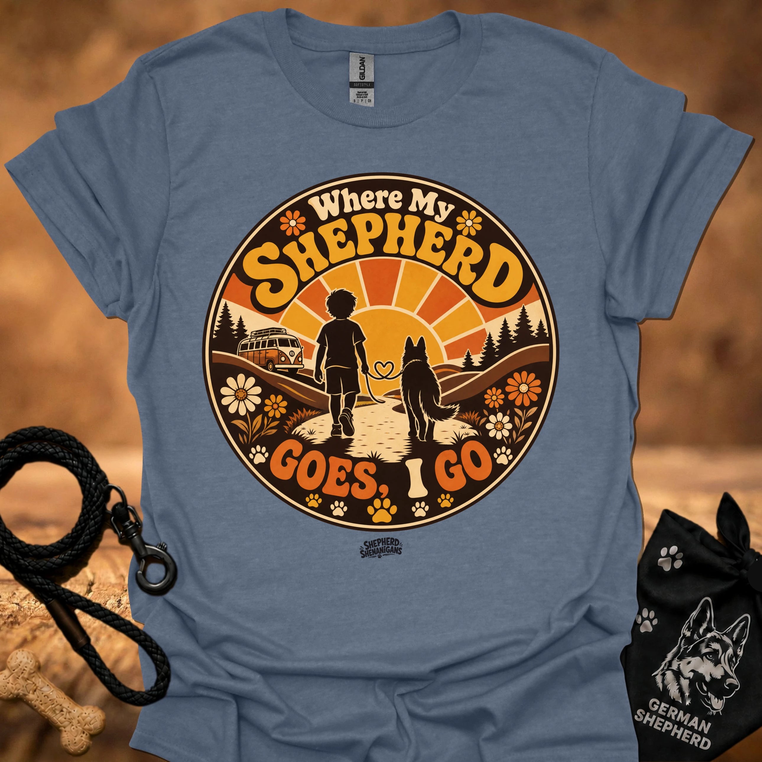 Heather indigo graphic T-shirt with circular “Where My Shepherd Goes ! Go” print, crew neck