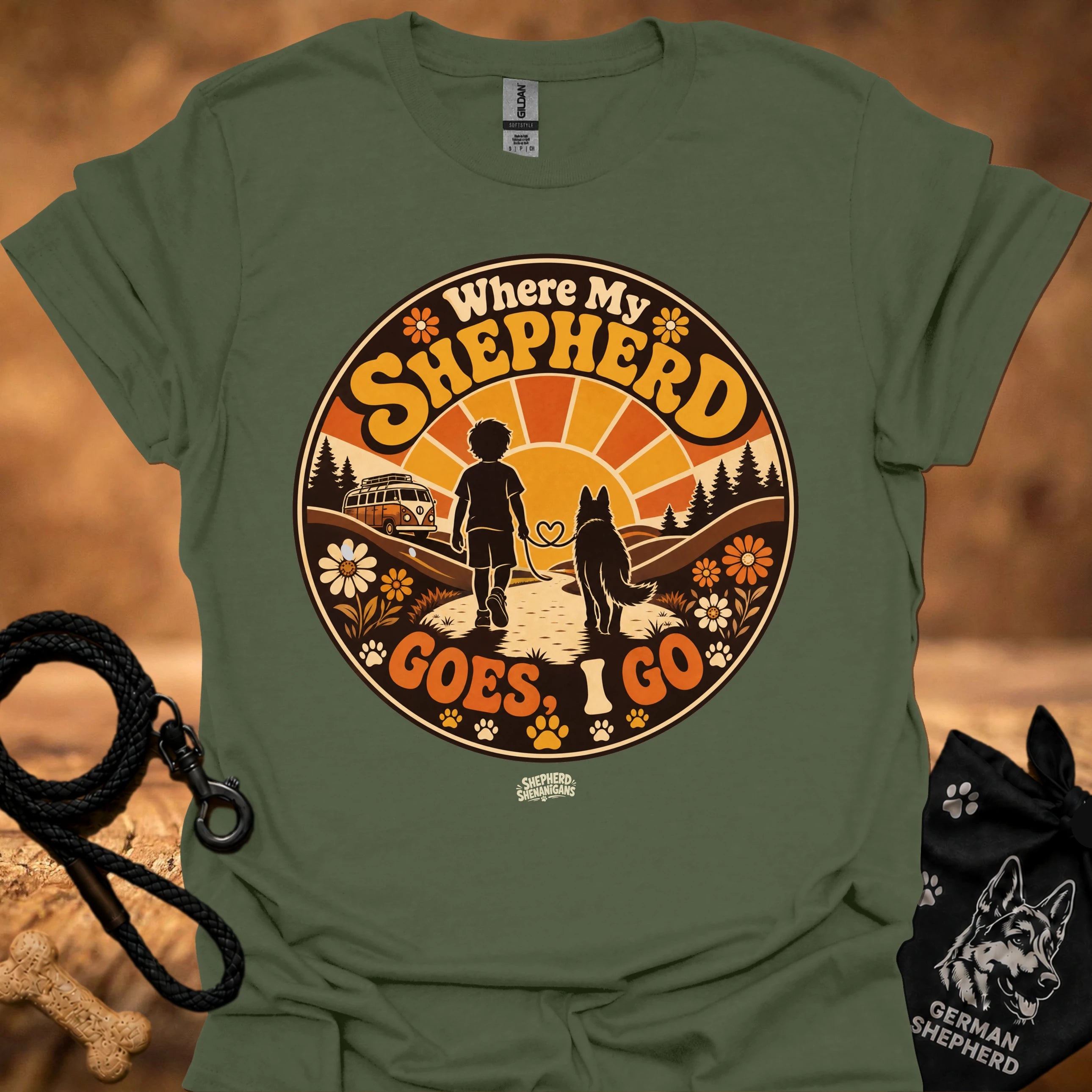Military green graphic T-shirt with circular “Where My Shepherd Goes ! Go” print, crew neck