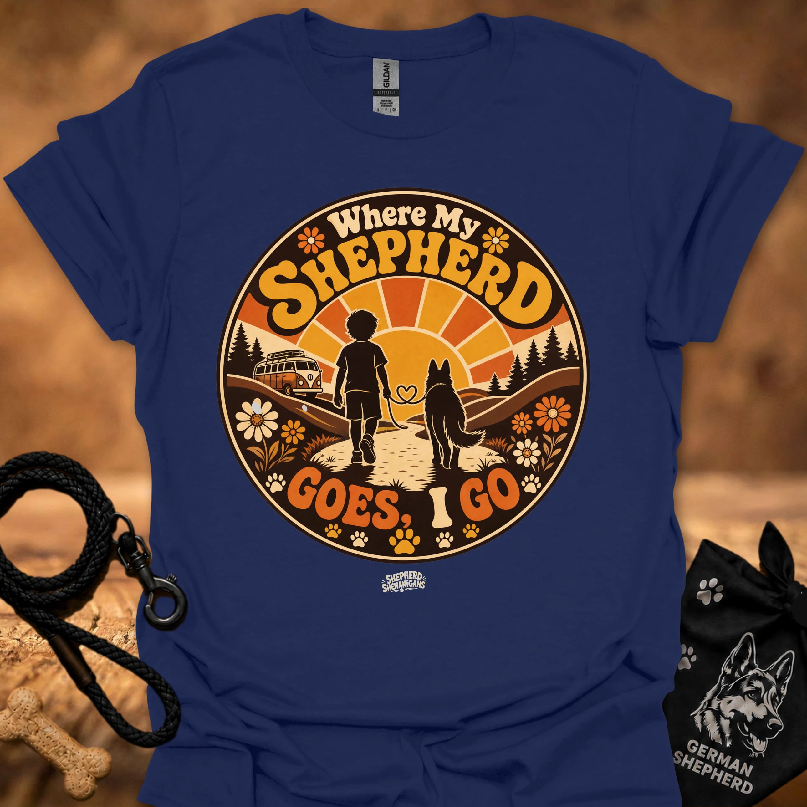 Navy graphic T-shirt with circular “Where My Shepherd Goes ! Go” print, crew neck