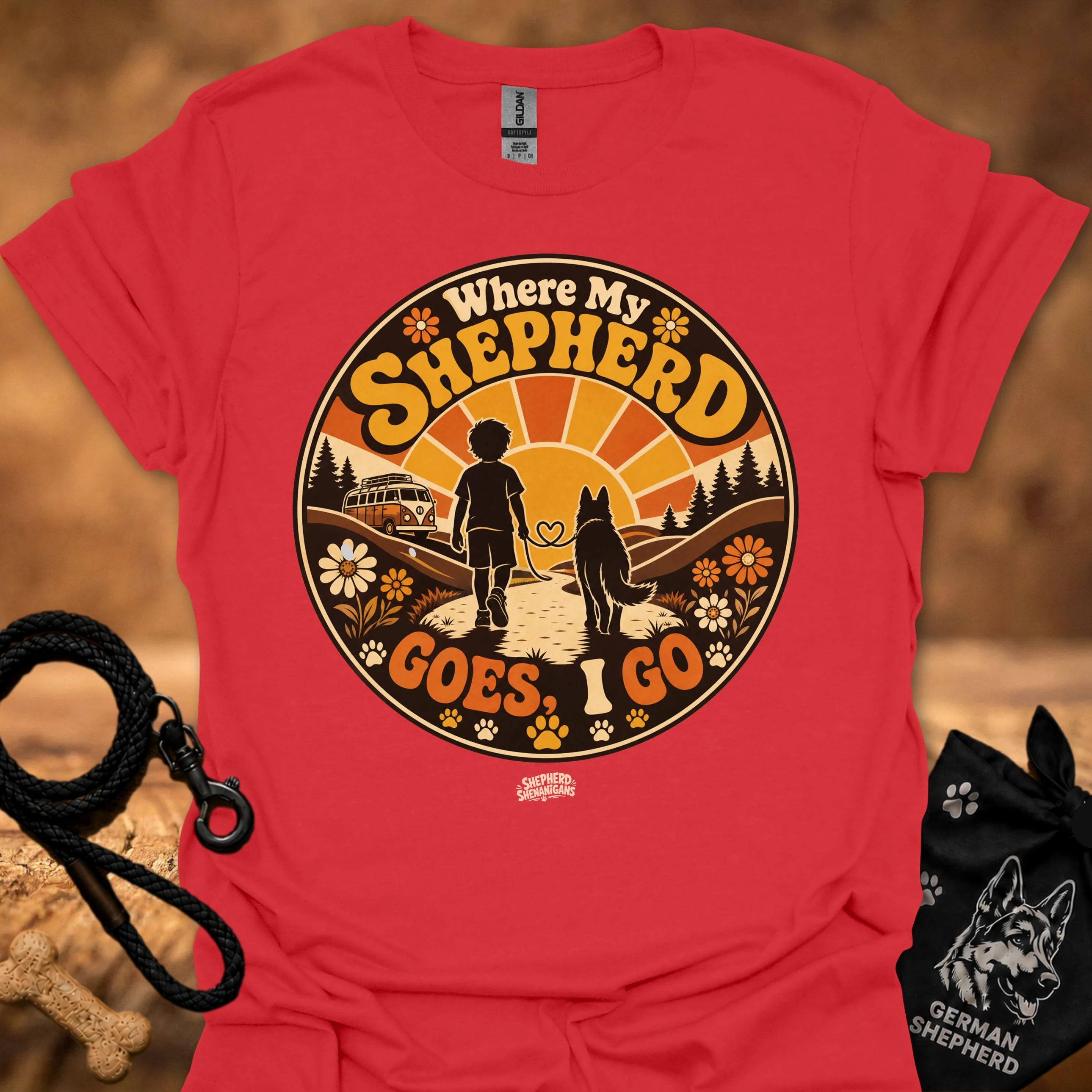 Red graphic T-shirt with circular “Where My Shepherd Goes ! Go” print, crew neck