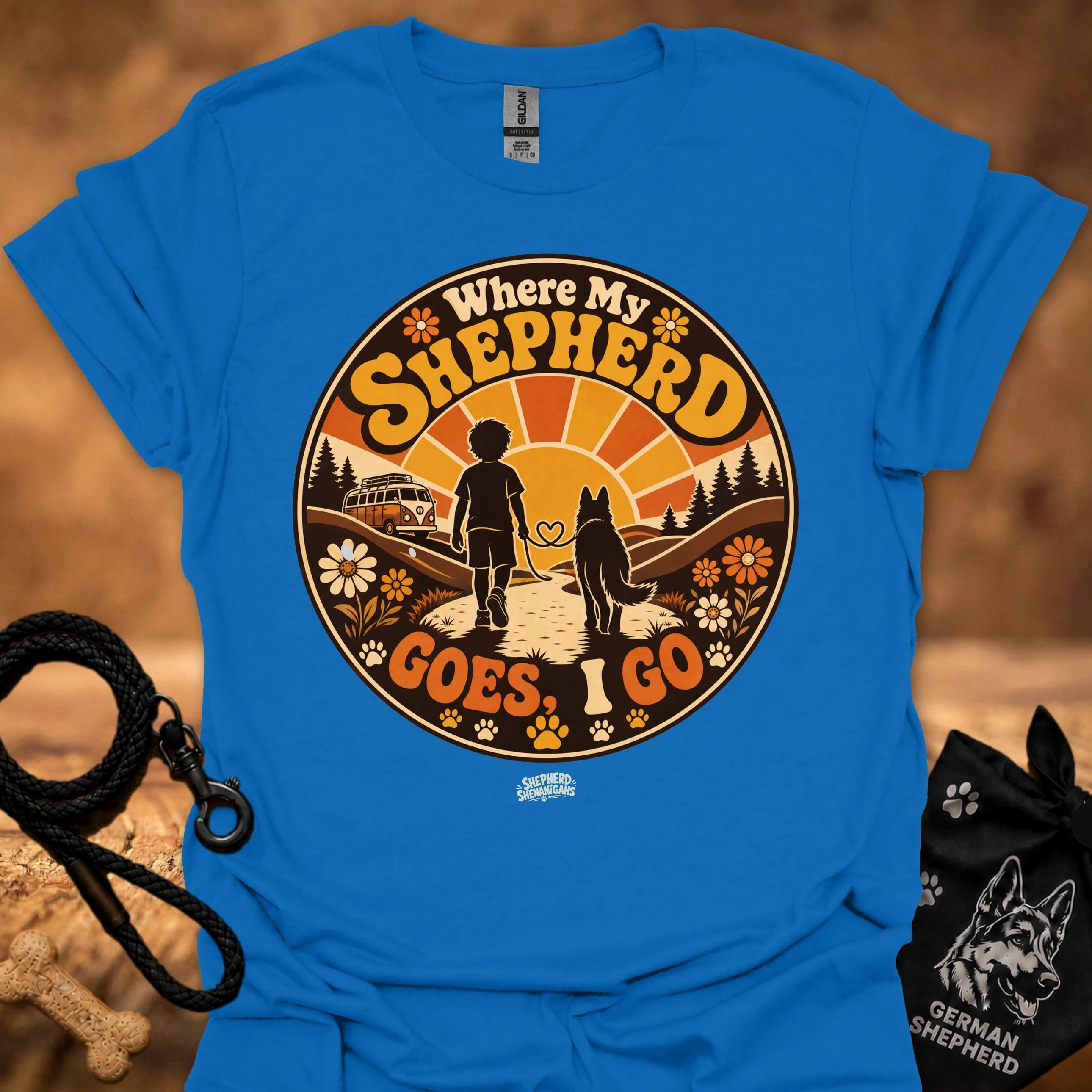 Royal blue graphic T-shirt with circular “Where My Shepherd Goes ! Go” print, crew neck