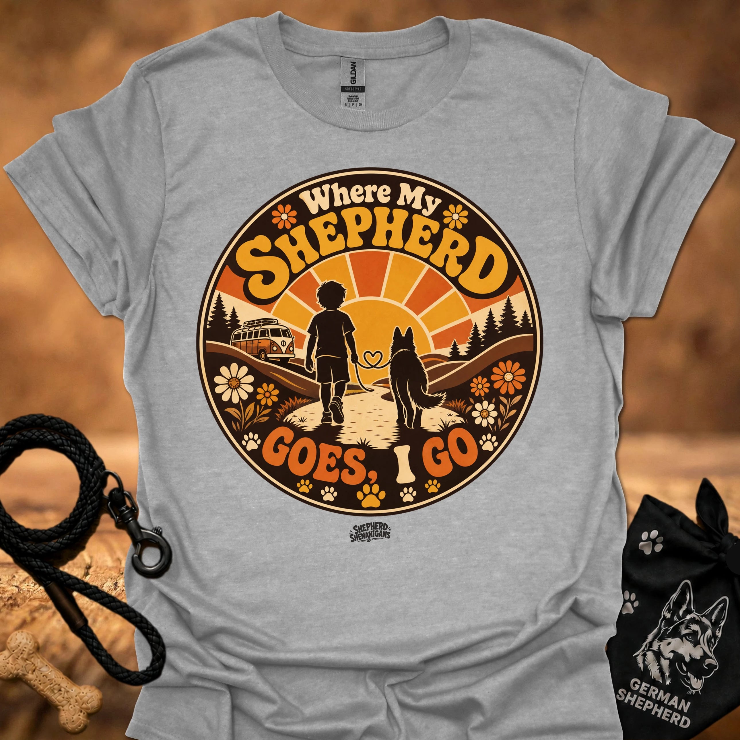 Sport grey graphic T-shirt with circular “Where My Shepherd Goes ! Go” print, crew neck