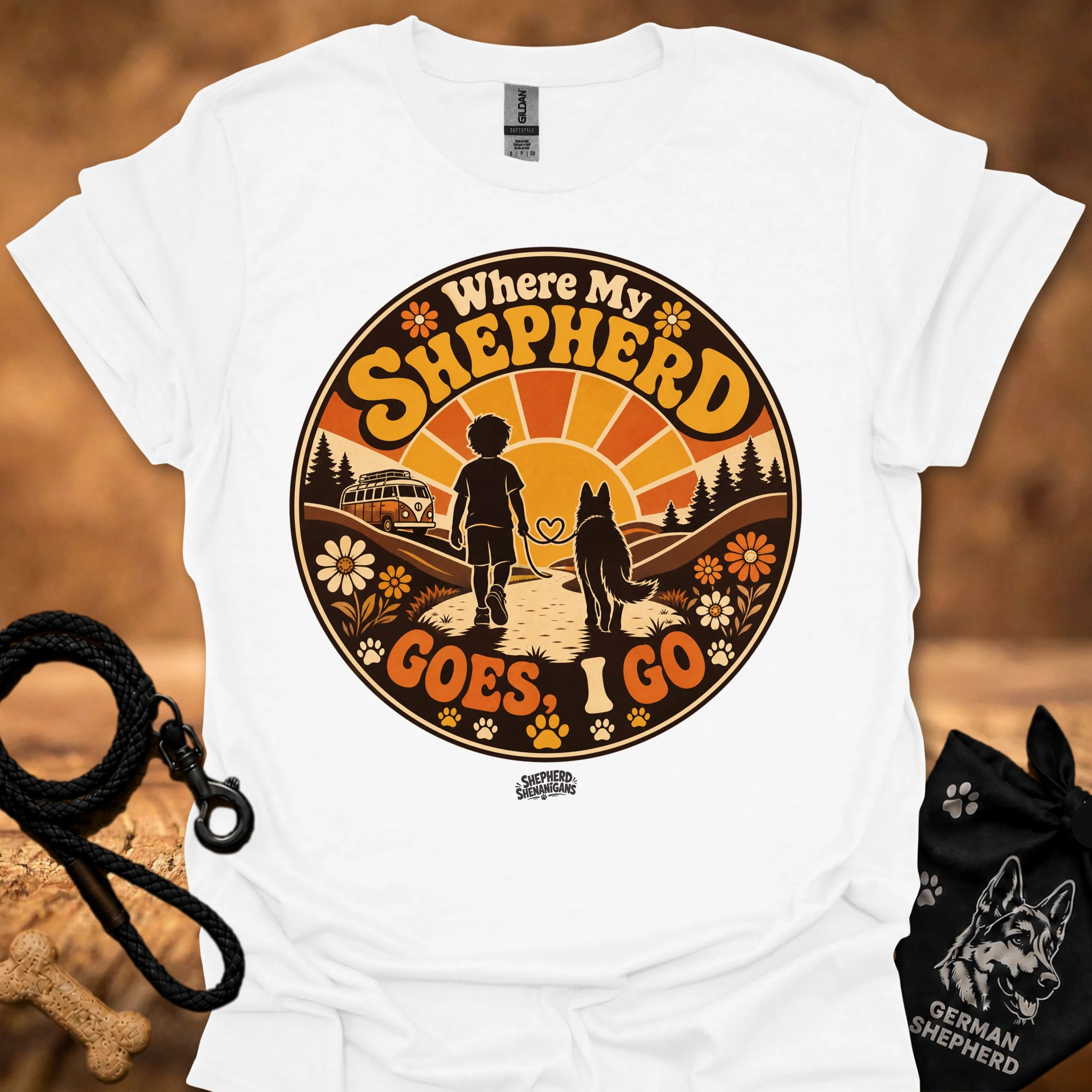 White graphic T-shirt with circular “Where My Shepherd Goes ! Go” print, crew neck