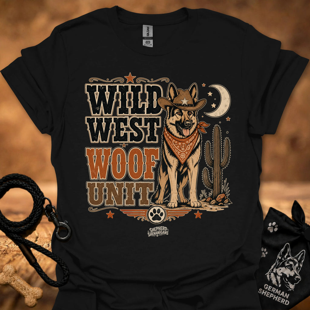 Wild West Woof Unit II T-shirt in black, Western dog and cactus graphic.